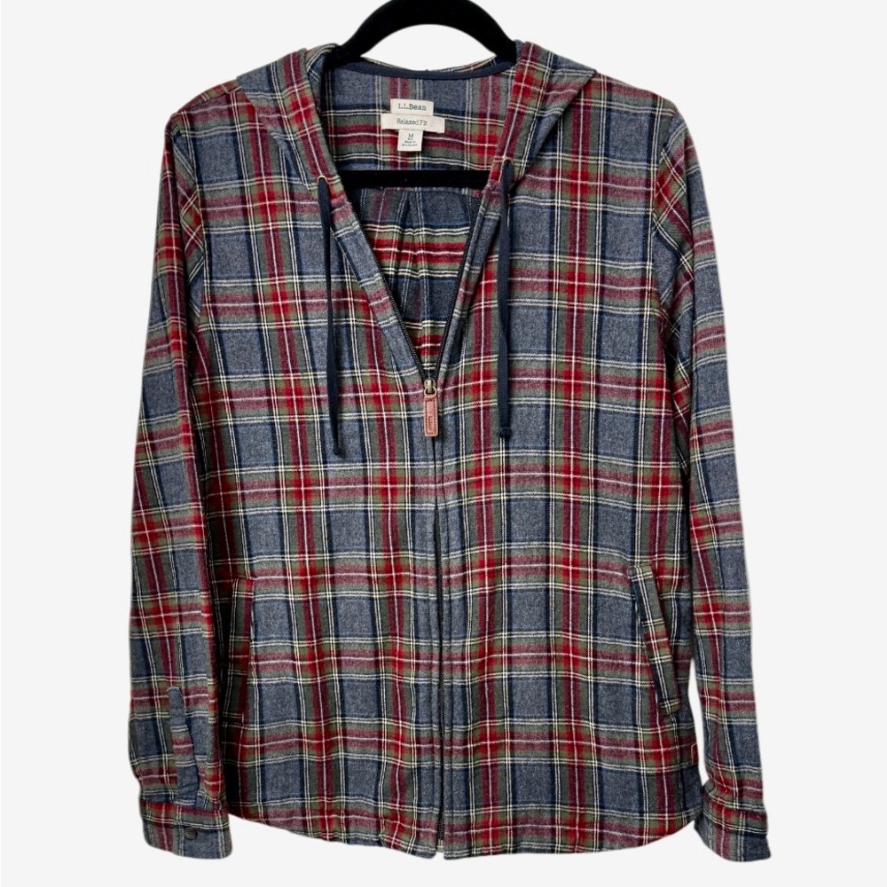 L.L. Bean Red and Grey Plaid 100% Cotton Zip-Front Shirt